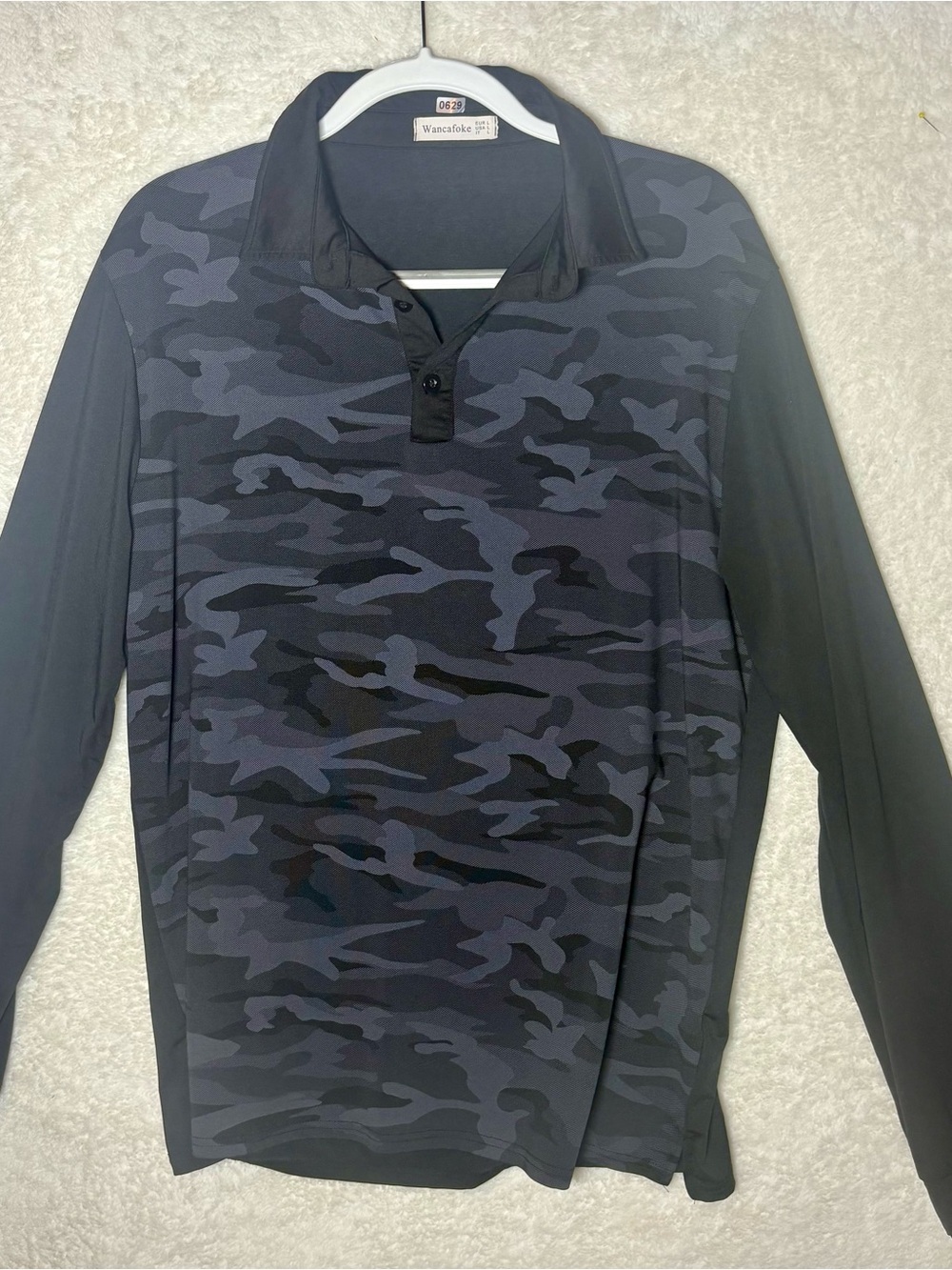 Wanncafoke Men’s Long Sleeve Camo Polo Shirt - Black/Grey Size Large 0629
